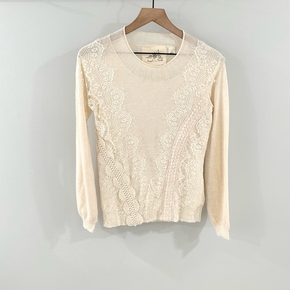 Anthropologie Angel Of The North Lace Detail Sweater Beige Size Small - Picture 2 of 6